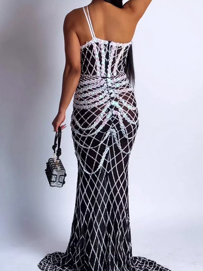 Rhinestone and Sequin Embellished Semi-Sheer Gown - Dresses