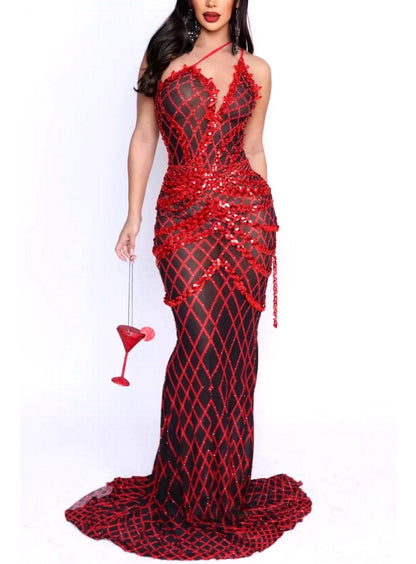 Rhinestone and Sequin Embellished Semi-Sheer Gown - Dresses