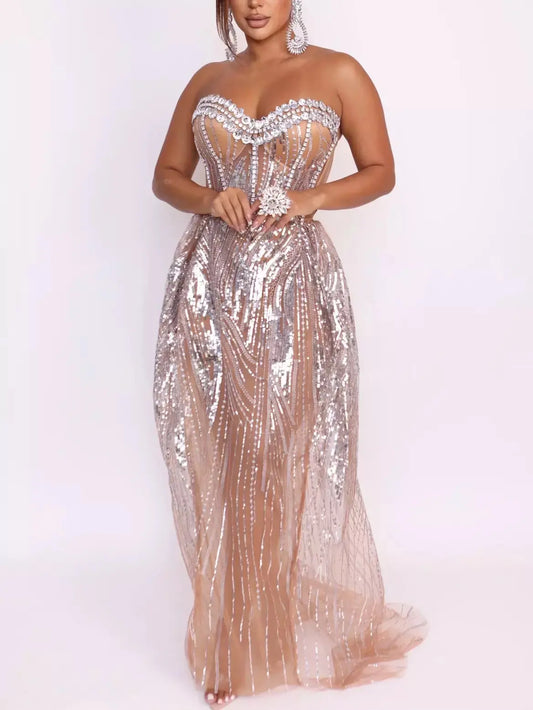 Rhinestone and Sequin Embellished Strapless Mesh Corset Dress - Dresses