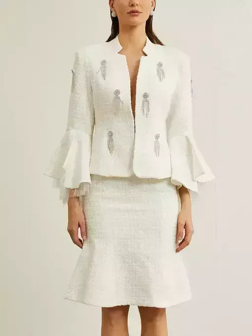 White tweed skirt suit featuring a Rhinestone-Appliques Flared-Cuff Tweed jacket