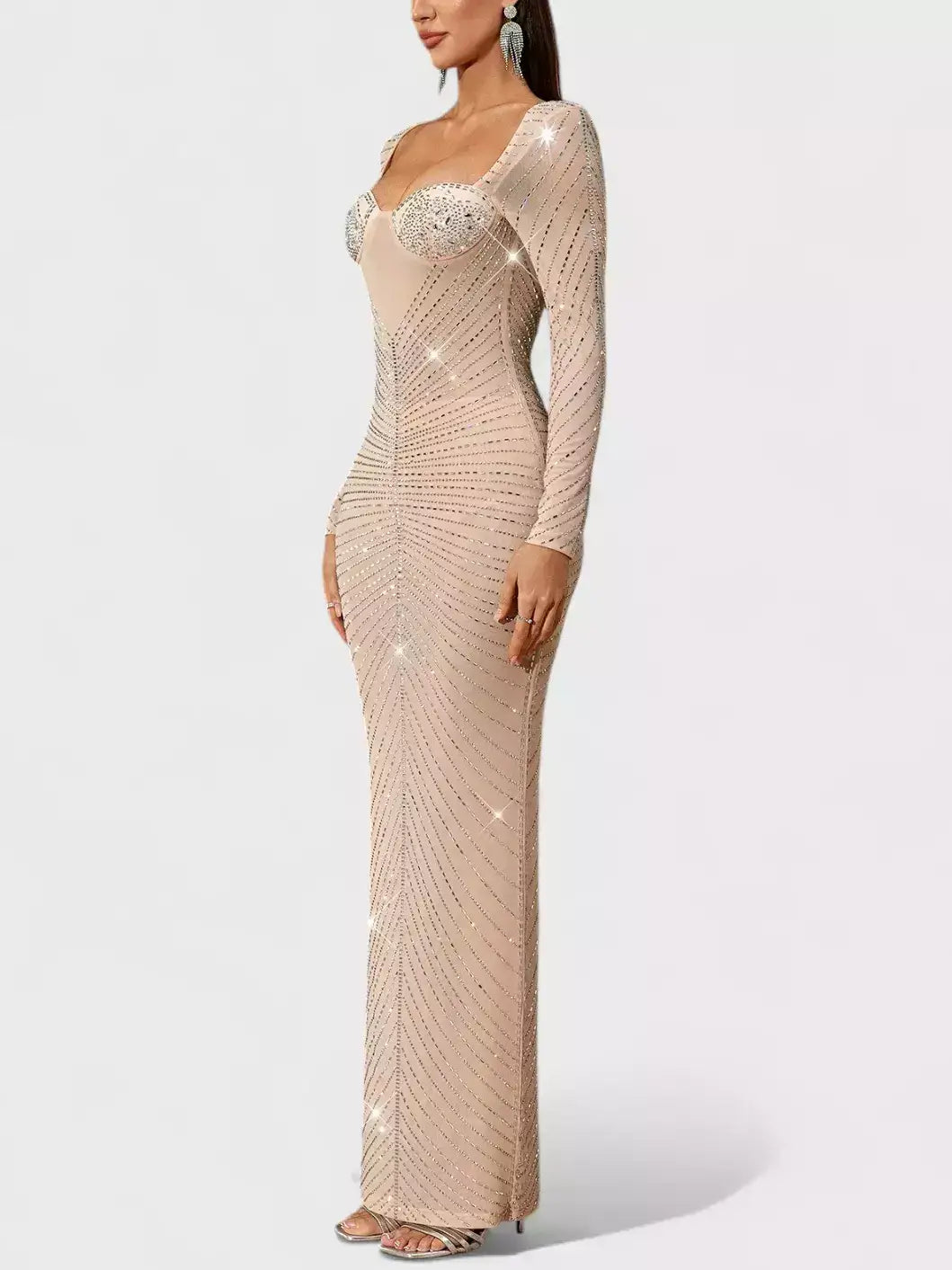Rhinestone Bustier Long-Sleeve Nude Maxi Gown - Dresses