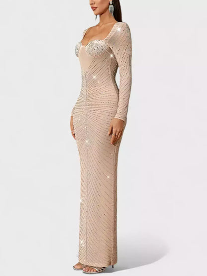Rhinestone Bustier Long-Sleeve Nude Maxi Gown - Dresses