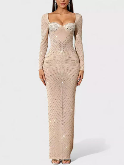 Rhinestone Bustier Long-Sleeve Nude Maxi Gown - Dresses