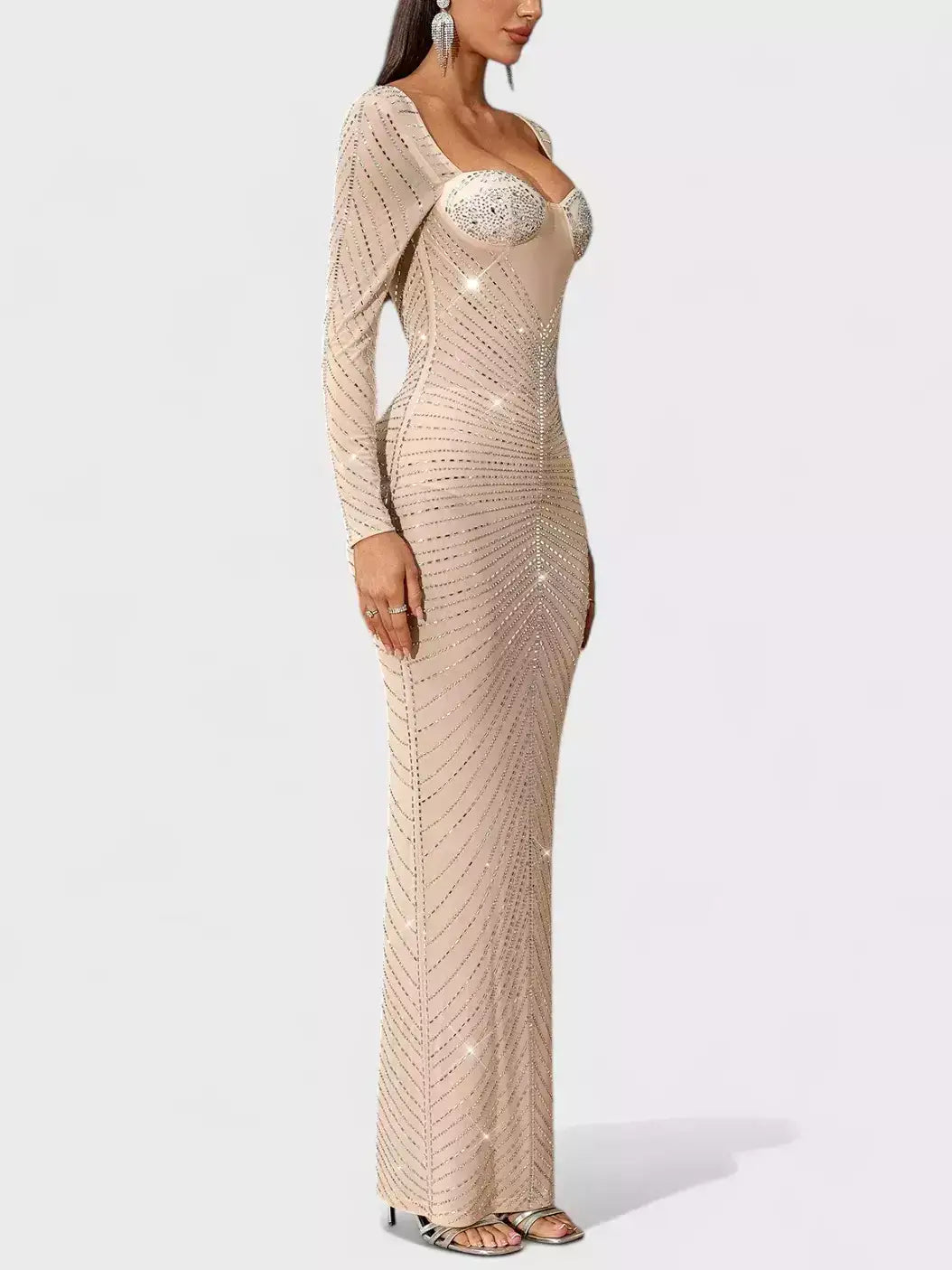 Rhinestone Bustier Long-Sleeve Nude Maxi Gown - Dresses