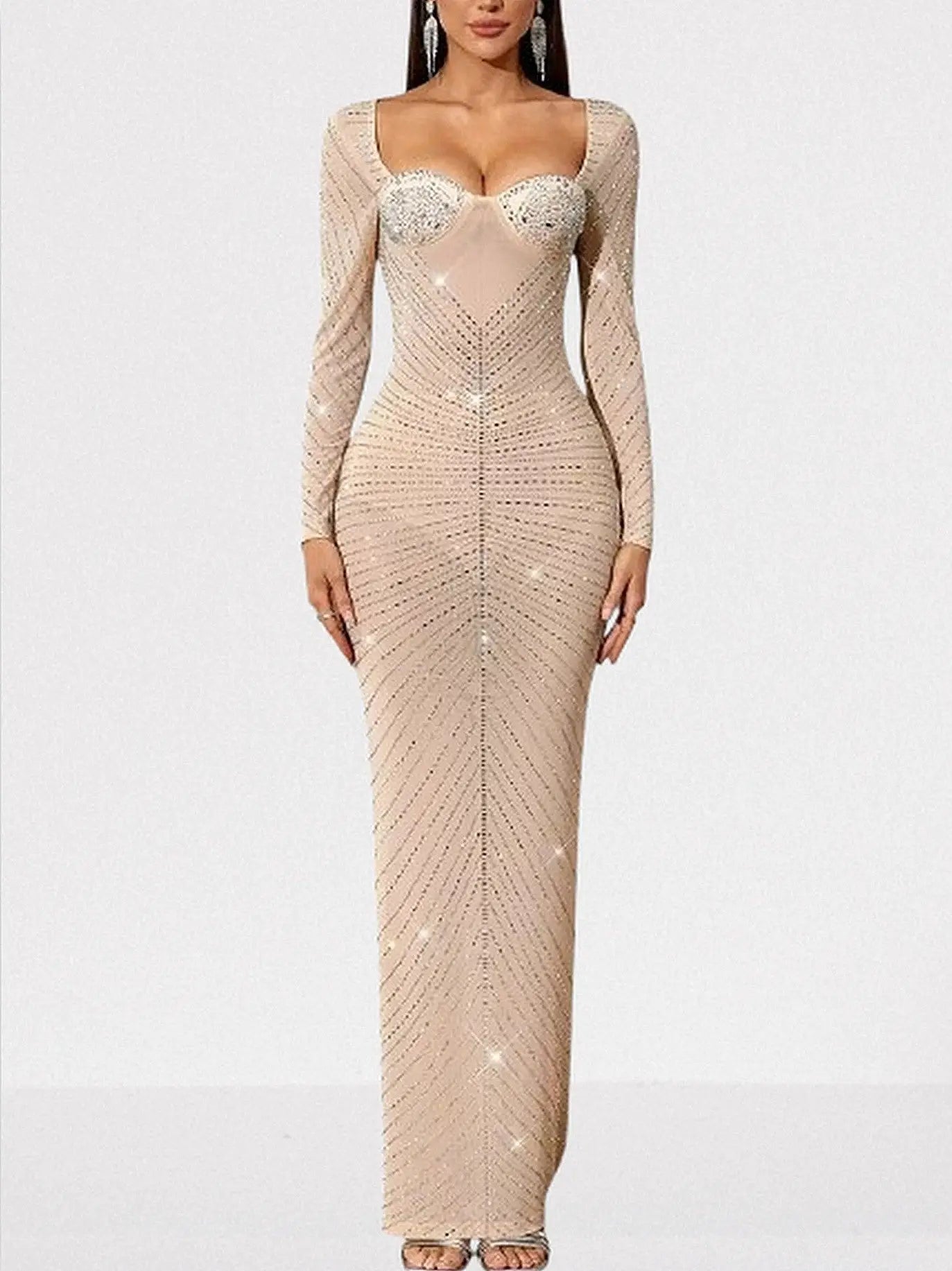 Rhinestone Bustier Long-Sleeve Nude Maxi Gown - XS - Dresses