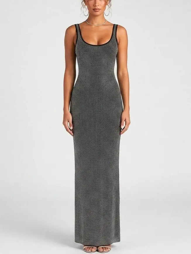 Rhinestone Embellished Black Maxi Tank Dress - Dresses