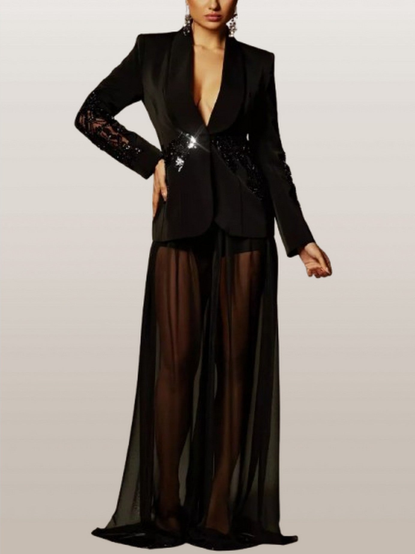 Rhinestone Embellished Blazer and Tulle Pant Set - Suits & Sets
