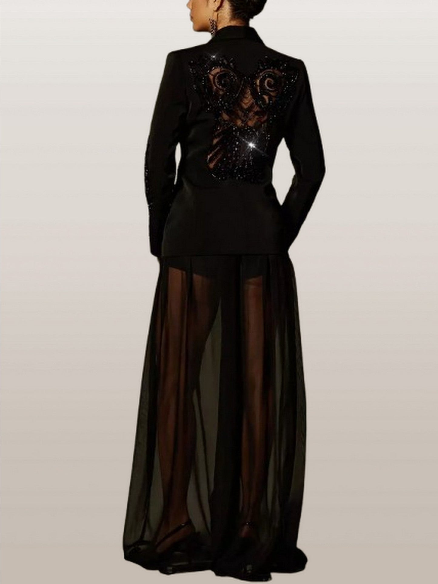 Rhinestone Embellished Blazer and Tulle Pant Set - Suits & Sets