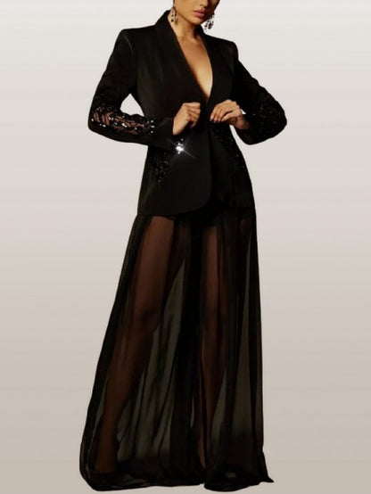 Rhinestone Embellished Blazer and Tulle Pant Set - S - Suits & Sets