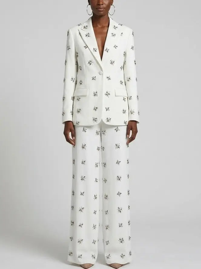 Rhinestone-Embellished Blazer and Wide-Leg Pants Suit in White - Suits & Sets