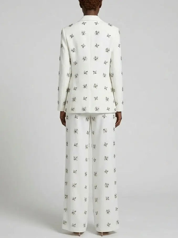Rhinestone-Embellished Blazer and Wide-Leg Pants Suit in White - Suits & Sets