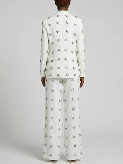 Rhinestone-Embellished Blazer and Wide-Leg Pants Suit in White - Suits & Sets