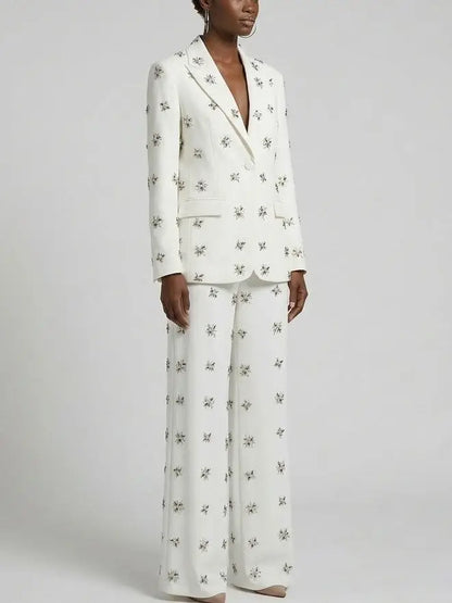 Rhinestone-Embellished Blazer and Wide-Leg Pants Suit in White - Suits & Sets