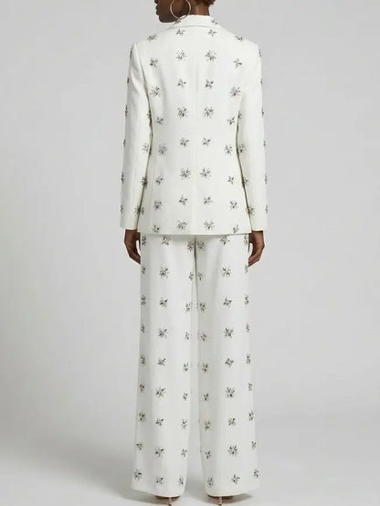 Rhinestone-Embellished Blazer and Wide-Leg Pants Suit in White - Suits & Sets