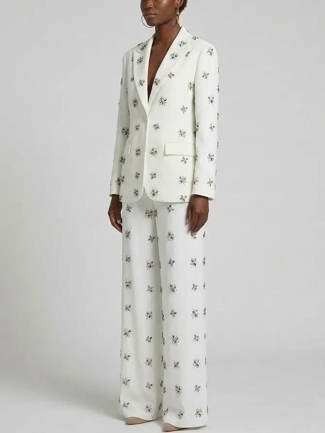 Rhinestone-Embellished Blazer and Wide-Leg Pants Suit in White - Suits & Sets