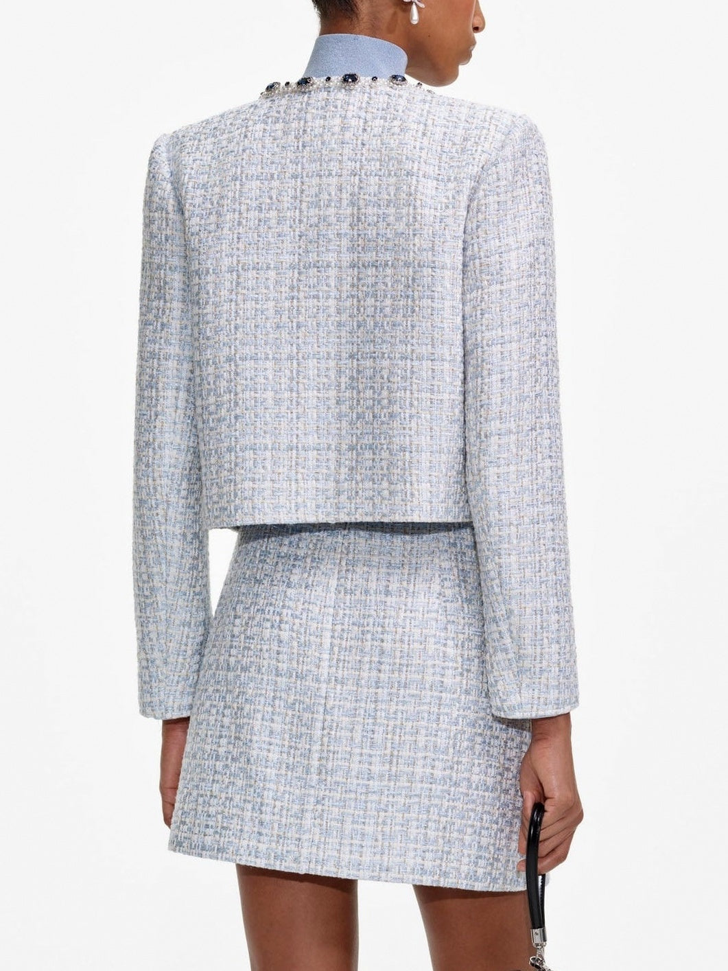 Rhinestone Embellished Blue Tweed Jacket - Jackets