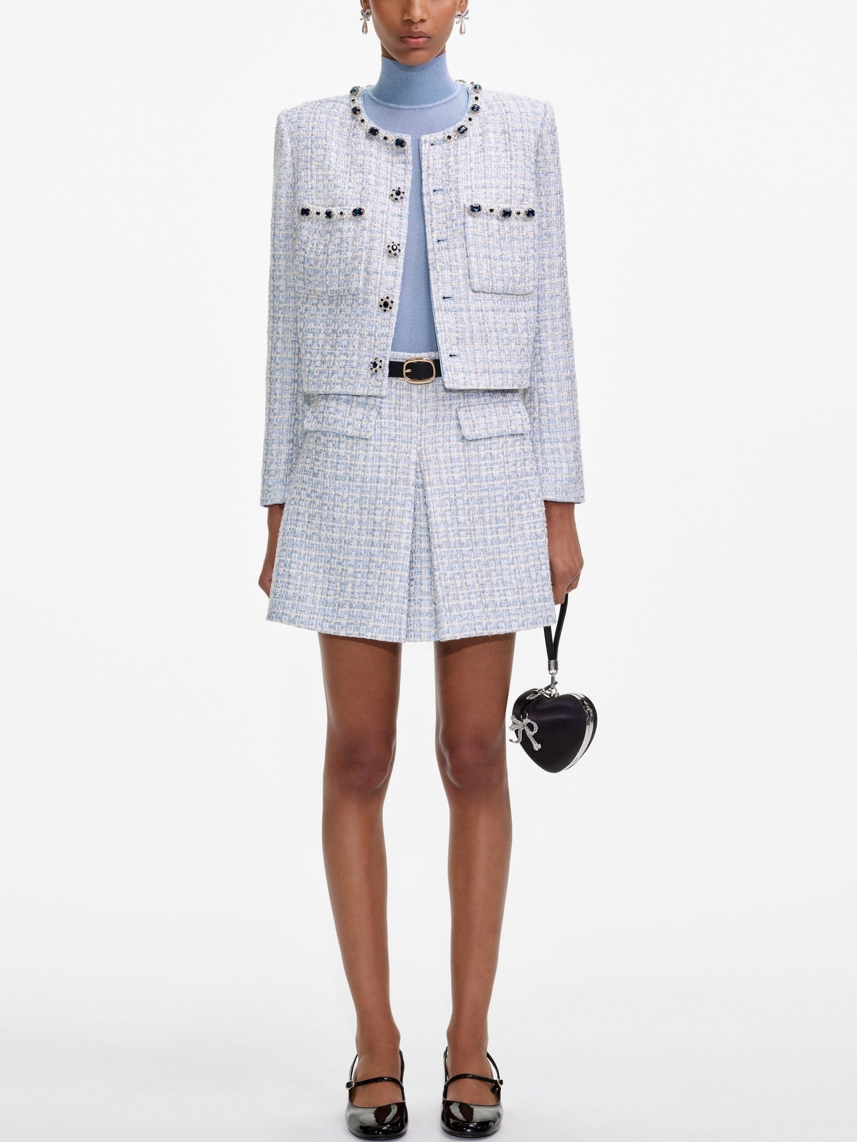 Rhinestone Embellished Blue Tweed Jacket - Jackets