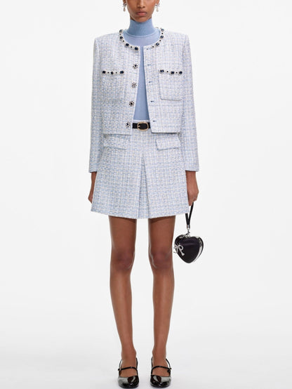 Rhinestone Embellished Blue Tweed Jacket - Jackets
