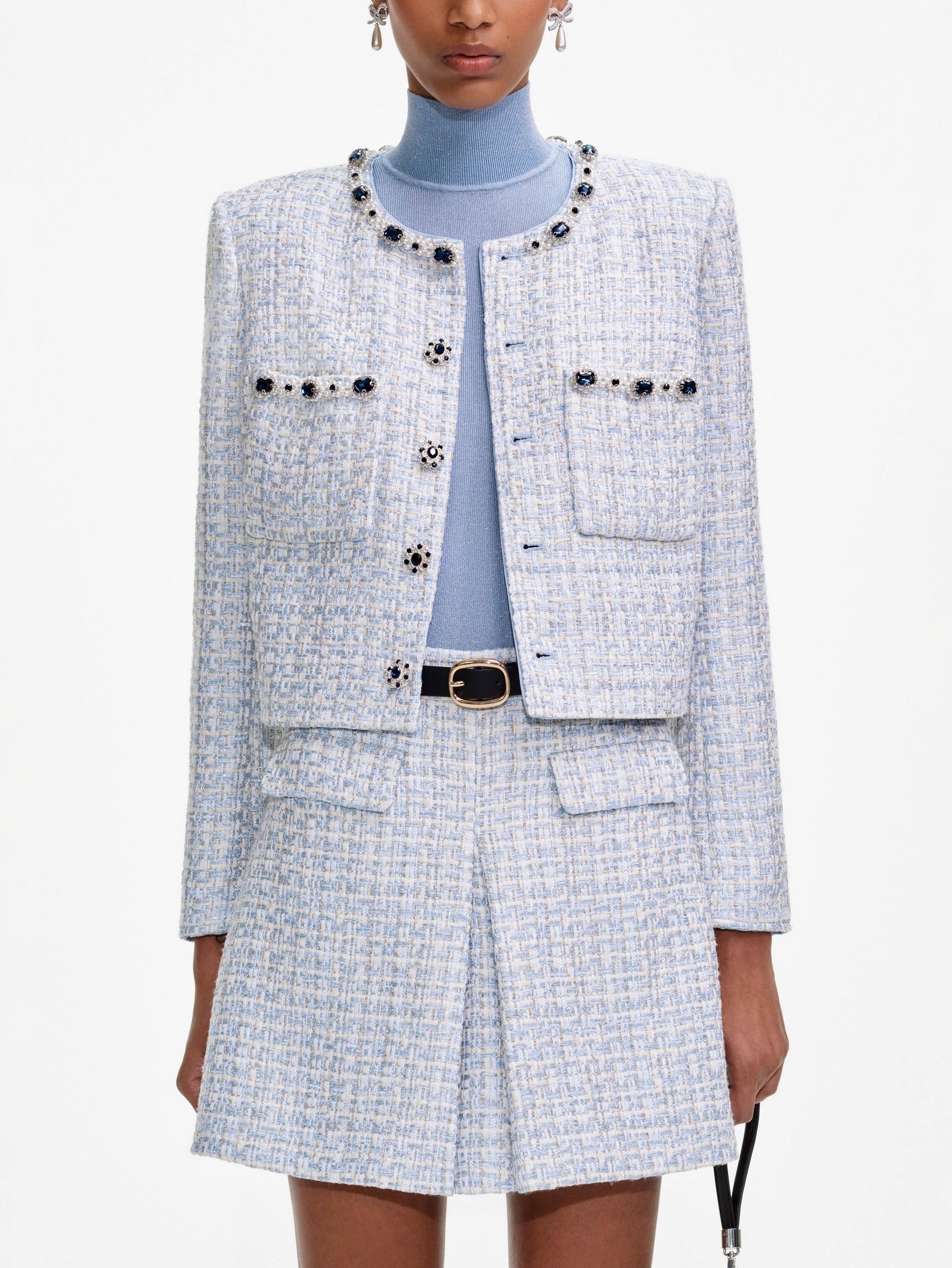 Rhinestone Embellished Blue Tweed Jacket - Jackets