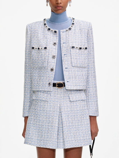 Rhinestone Embellished Blue Tweed Jacket - Jackets