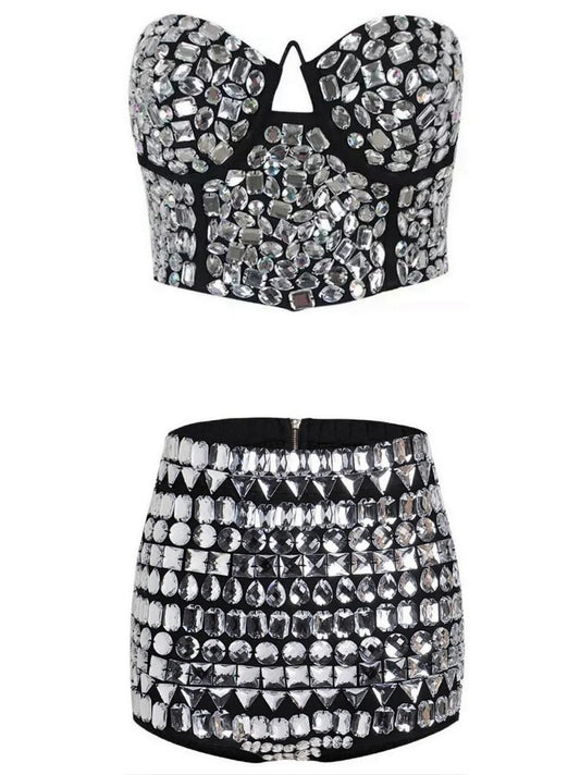 Rhinestone-Embellished Bustier Top and Short Set - XS - Suits & Sets