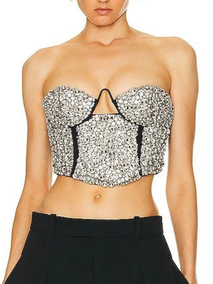 Rhinestone-Embellished Bustier Top and Skirt set - Suits & Sets