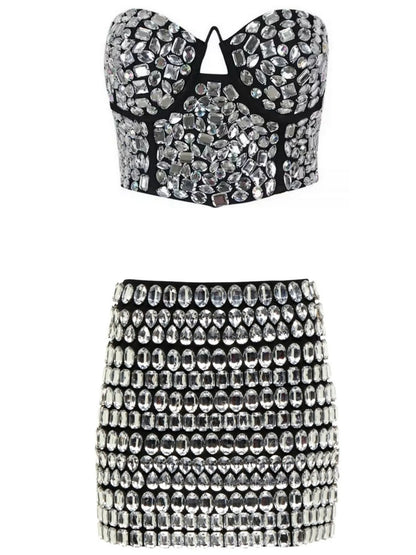 Rhinestone-Embellished Bustier Top and Skirt set - XS - Suits & Sets