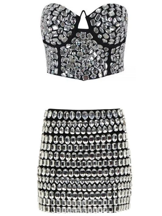 Rhinestone-Embellished Bustier Top and Skirt set - XS - Suits & Sets