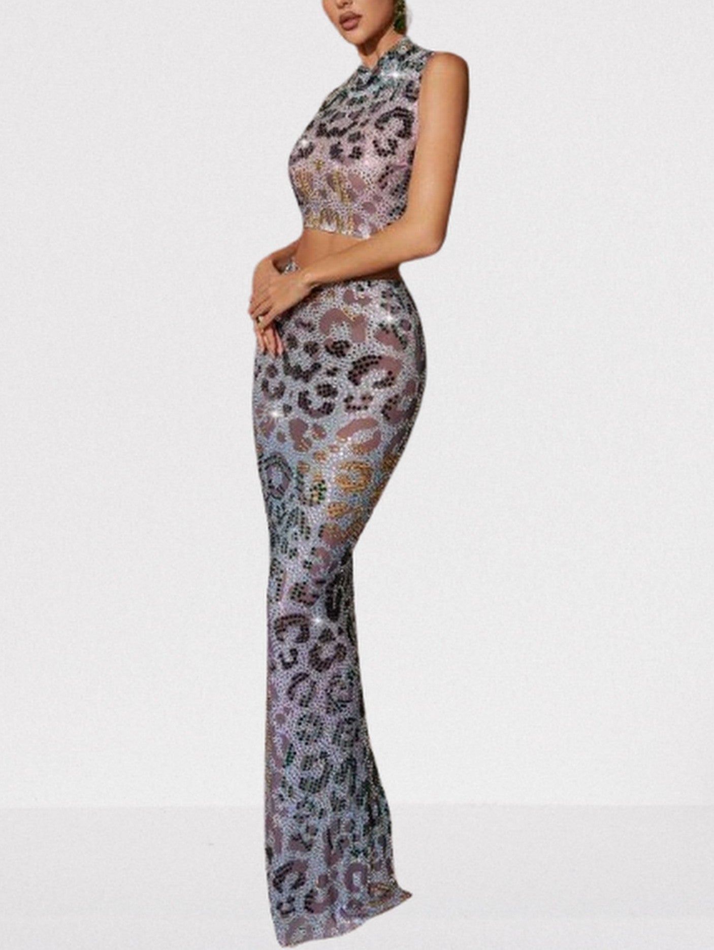Rhinestone Embellished Crop Top and Maxi Skirt Set - Suits & Sets