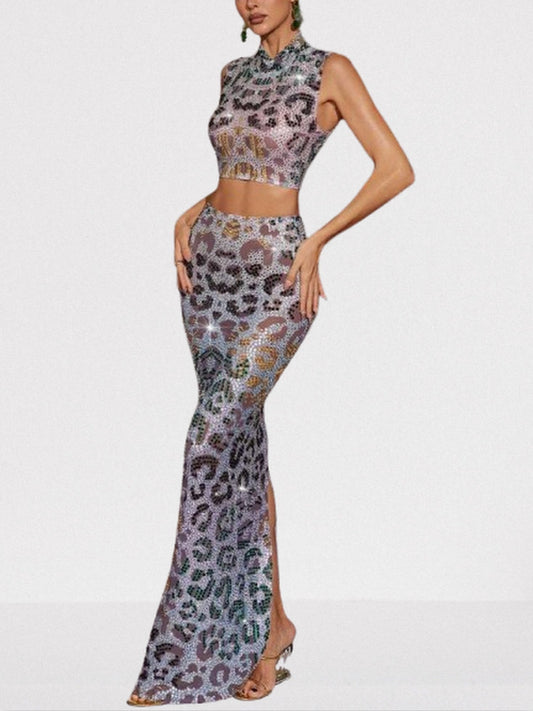 Rhinestone Embellished Crop Top and Maxi Skirt Set - S - Suits & Sets