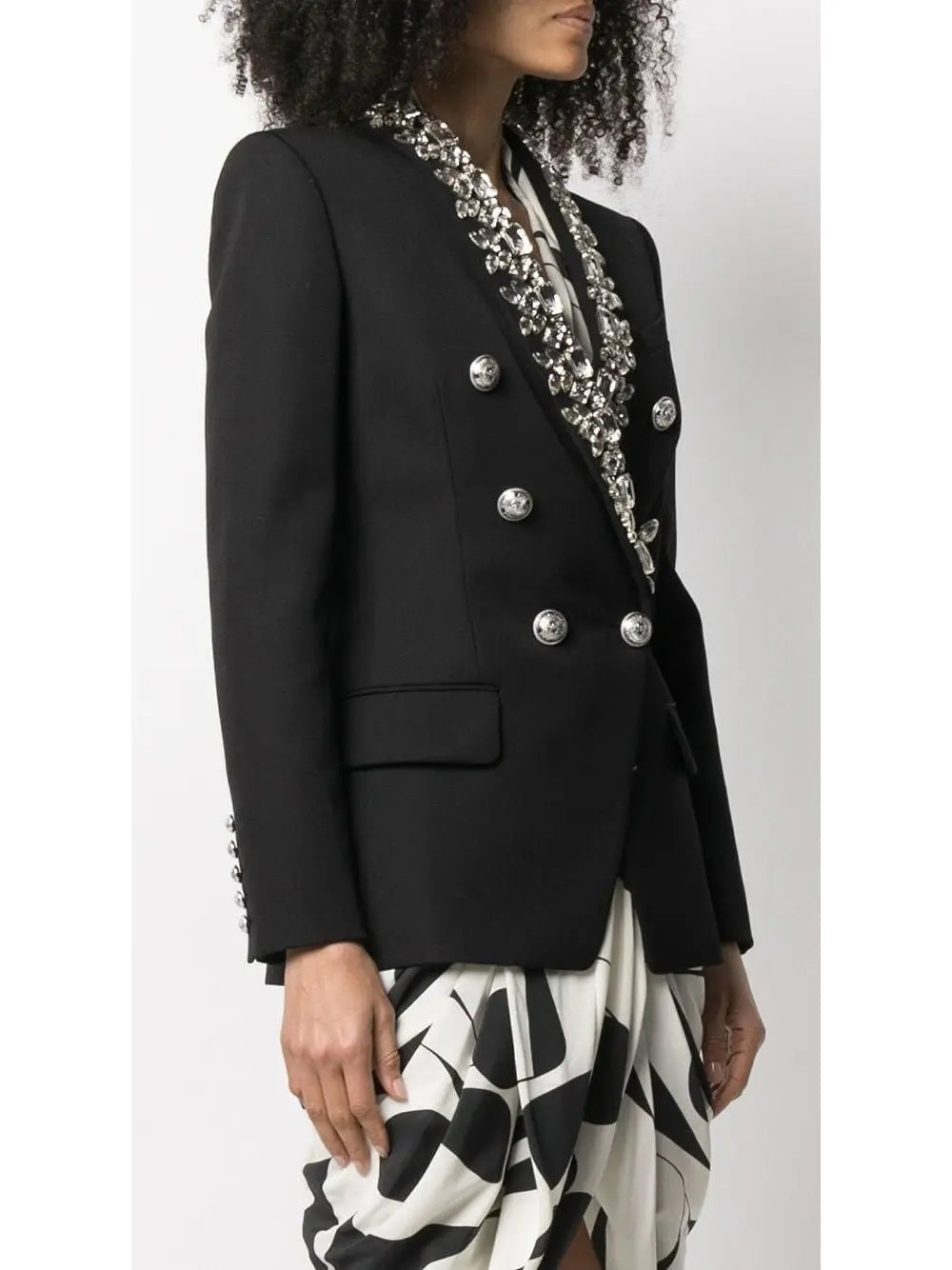 Rhinestone-Embellished Double-Breasted Wool Blazer - Jackets