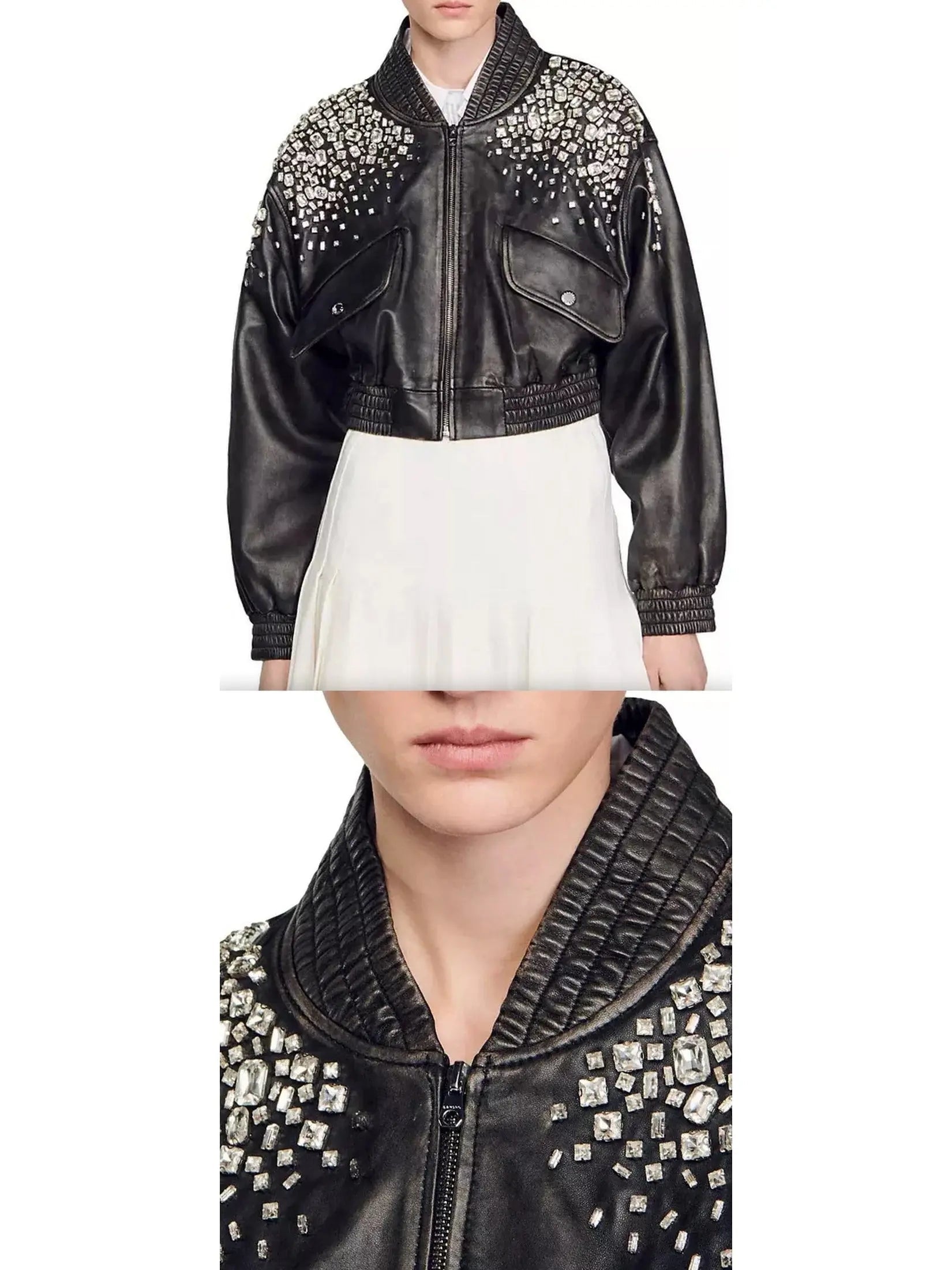 Rhinestone Embellished Fade-Effect Smocked Leather Bomber Jacket - Jackets