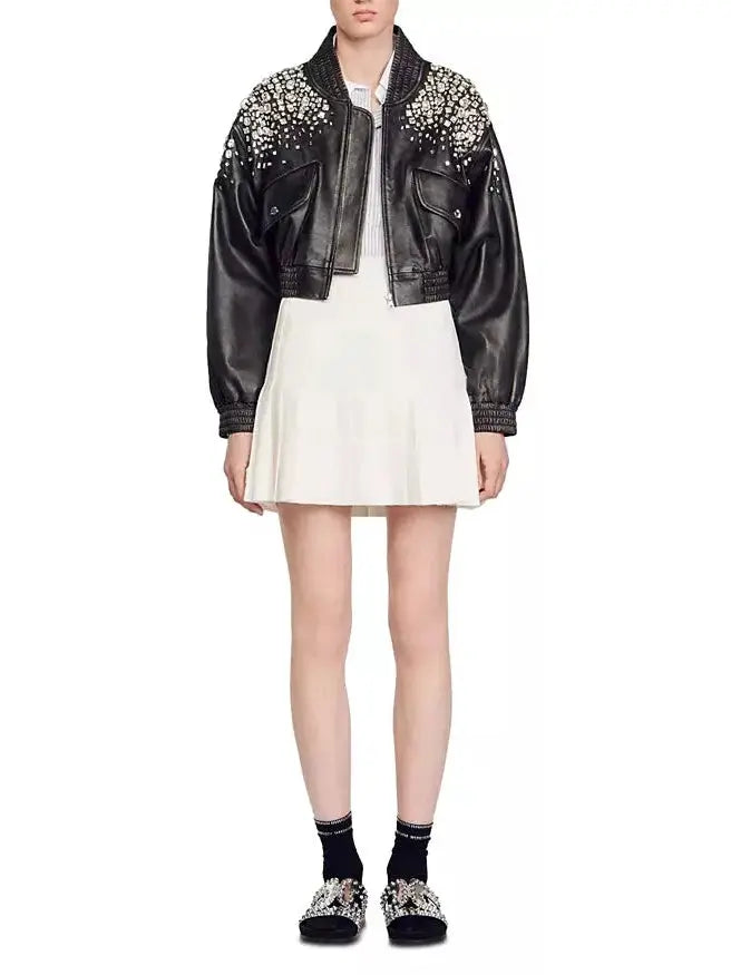 Rhinestone Embellished Fade-Effect Smocked Leather Bomber Jacket - Jackets