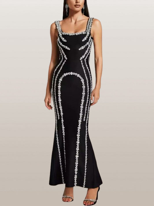 Rhinestone-Embellished Long Black Stretch Dress - Small - Dresses