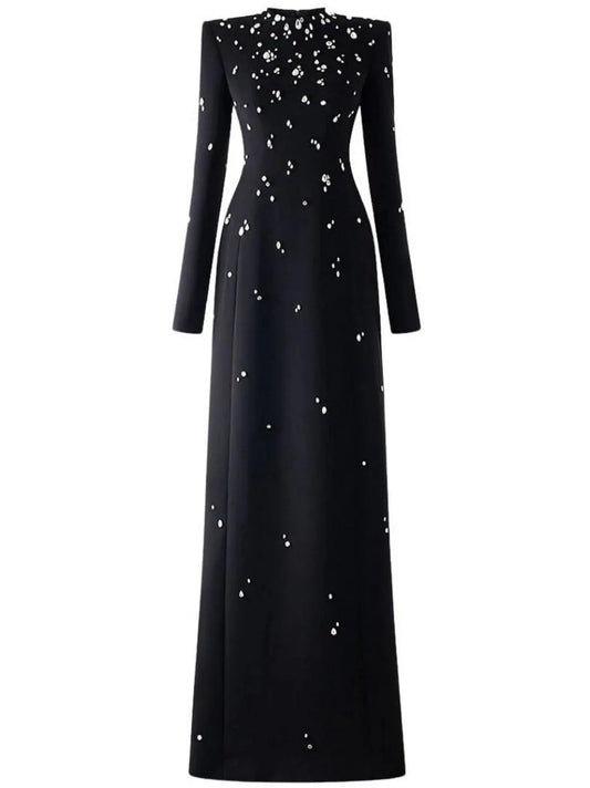 Rhinestone-Embellished Long-Sleeve Black Maxi Dress - Dresses