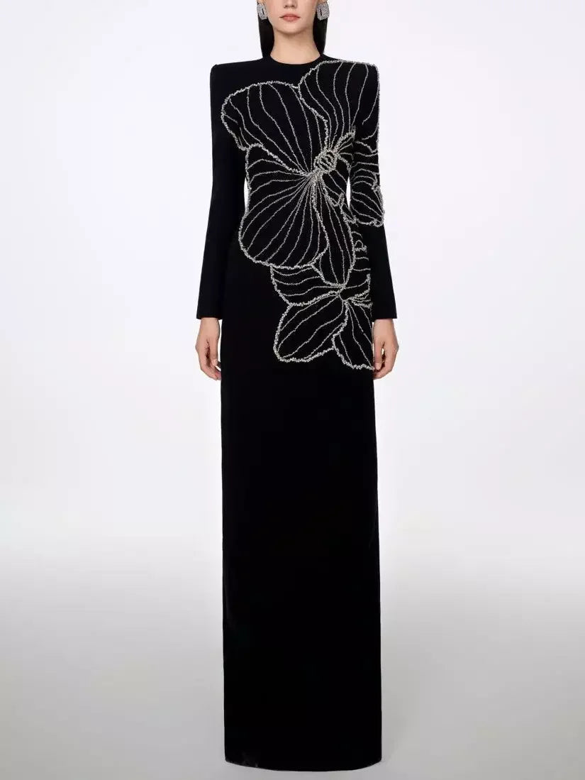 Rhinestone-Embellished Long-Sleeved Gown - Dresses