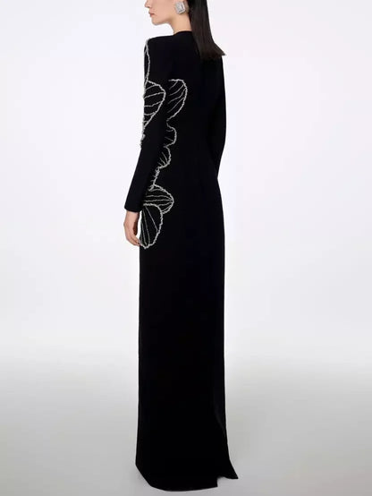Rhinestone-Embellished Long-Sleeved Gown - Dresses