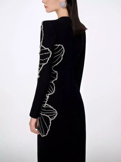 Rhinestone-Embellished Long-Sleeved Gown - Dresses