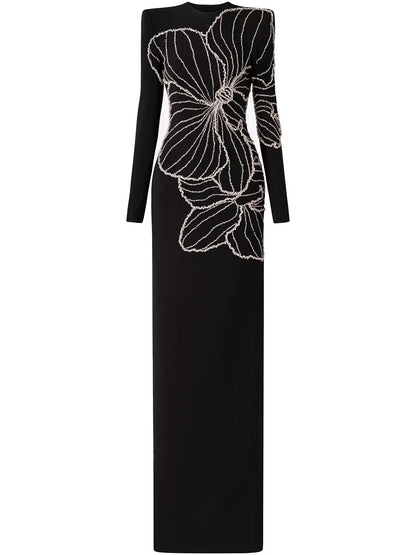 Rhinestone-Embellished Long-Sleeved Gown - S - Dresses