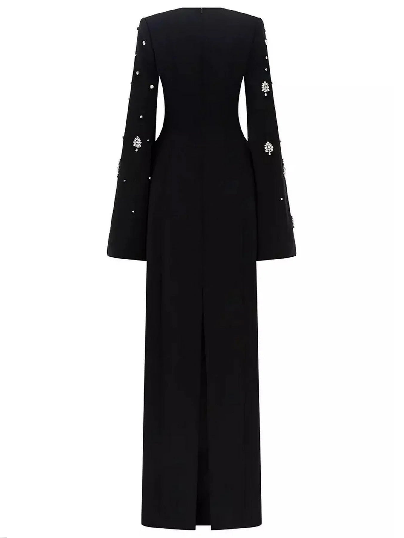 Rhinestone-Embellished Long Split-Sleeve Black Gown - Dresses