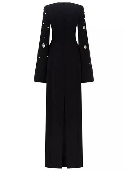 Rhinestone-Embellished Long Split-Sleeve Black Gown - Dresses