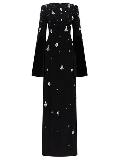 Rhinestone-Embellished Long Split-Sleeve Black Gown - Dresses