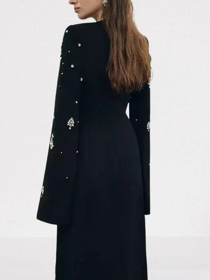 Rhinestone-Embellished Long Split-Sleeve Black Gown - Dresses