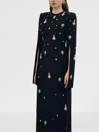 Rhinestone-Embellished Long Split-Sleeve Black Gown - Dresses
