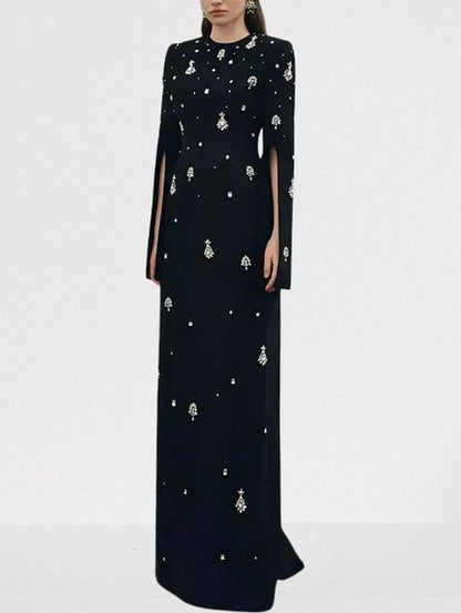 Rhinestone-Embellished Long Split-Sleeve Black Gown - Dresses