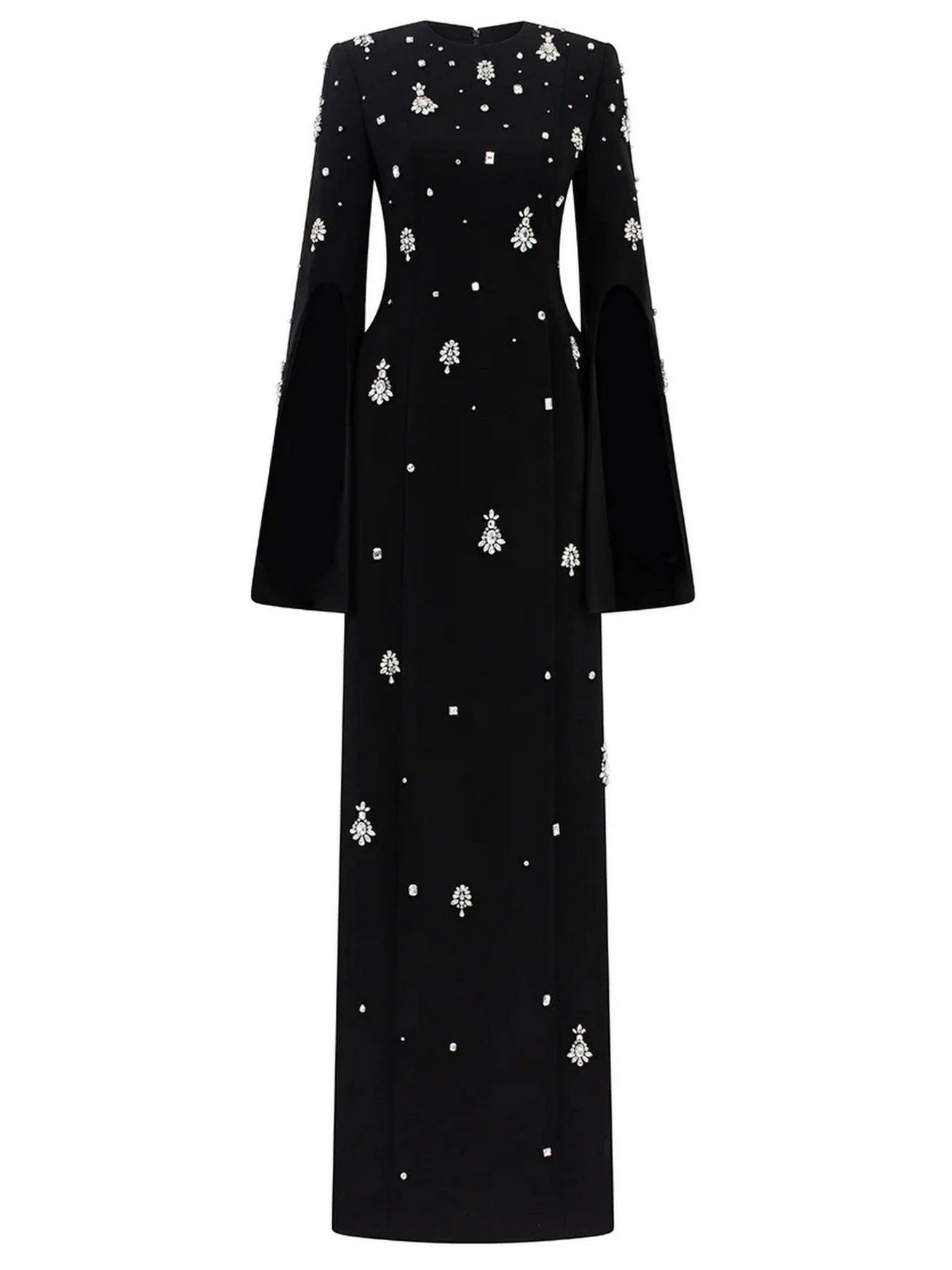 Rhinestone-Embellished Long Split-Sleeve Black Gown - S - Dresses