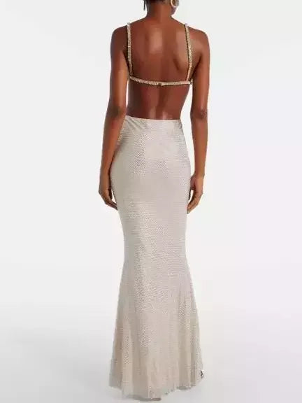 Beaded beige mermaid skirt from the Rhinestone-Embellished Mesh Maxi Skirt collection