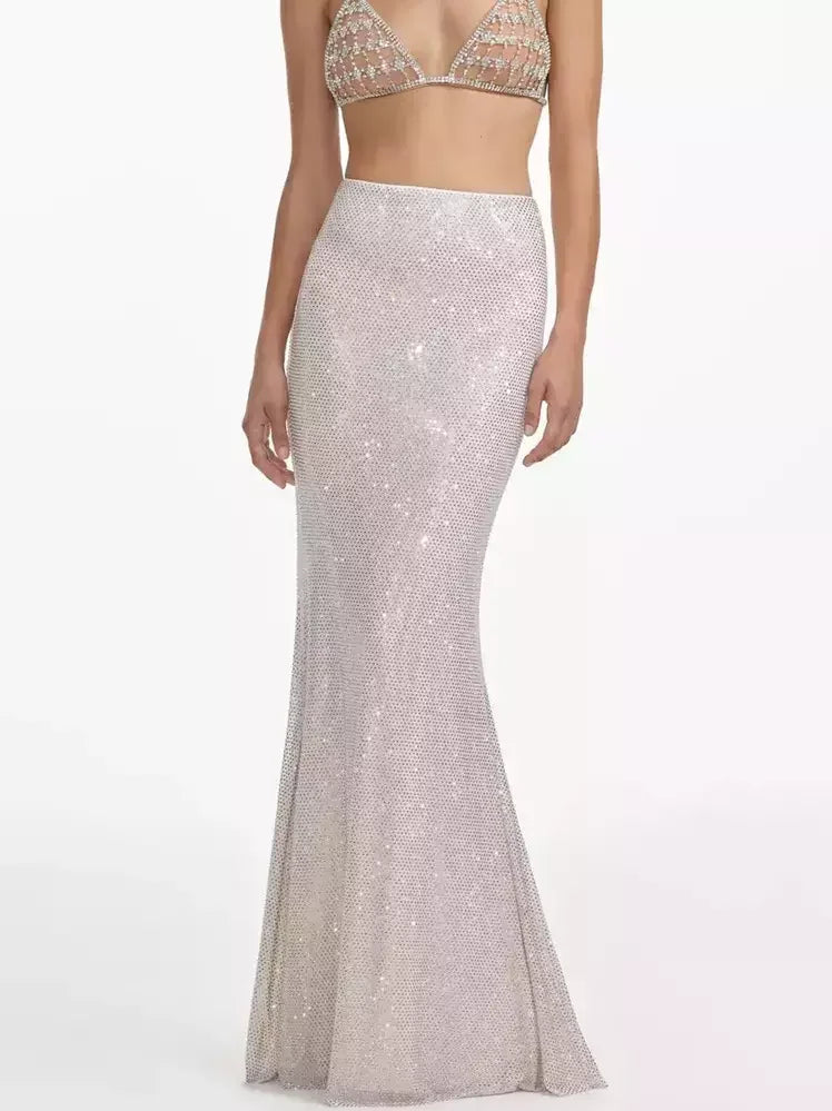 Beige fitted mesh maxi skirt with rhinestone embellishments for a chic look