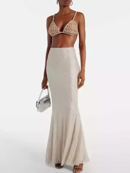 Beige textured mesh maxi skirt with rhinestone embellishments for a stylish look