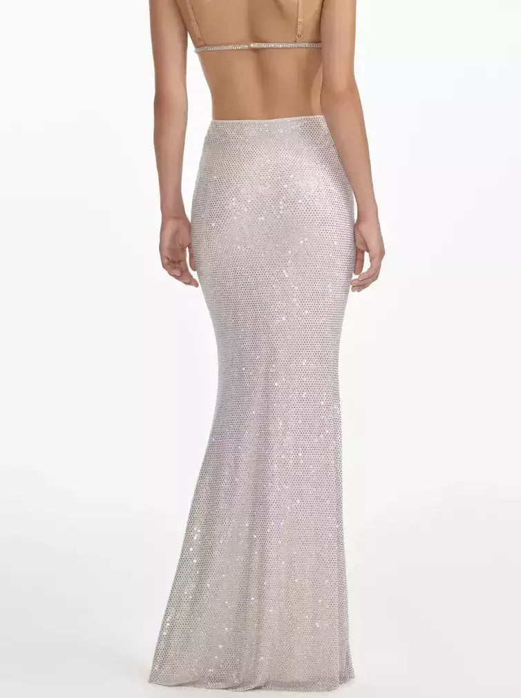 Sequin-covered mermaid skirt featured in a stylish Rhinestone-Embellished Mesh Maxi Skirt